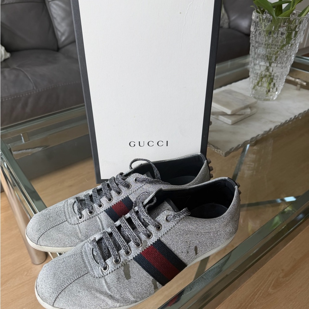 Gucci Men’s Silver Glitter Sneakers with Navy and Red Web